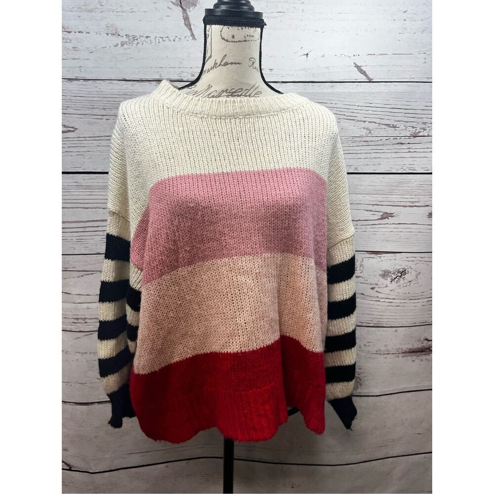 Angel Kiss Striped Color‎ Block Knit Sweater Women's Size L Cozy Warm
